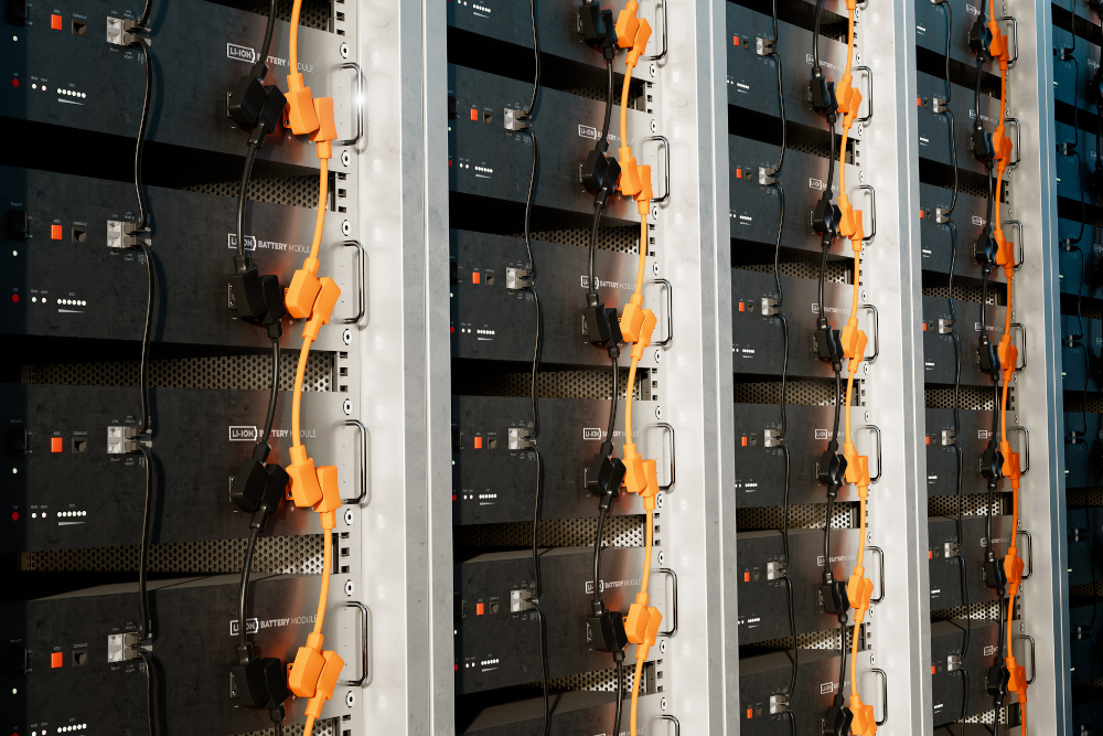 Image of batteries in a rack.